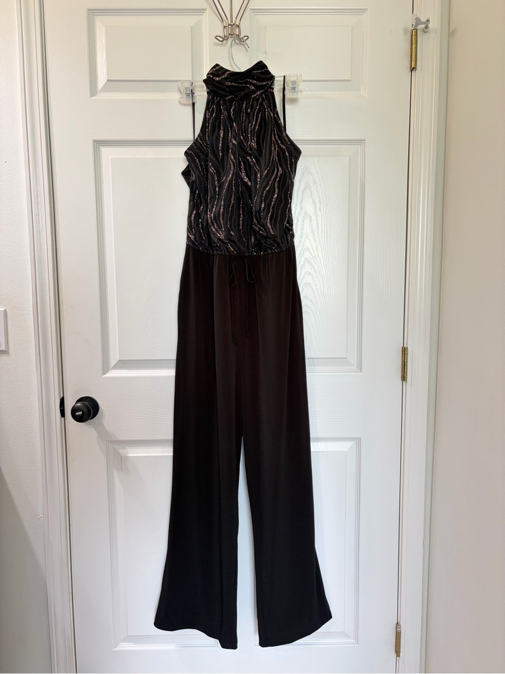 Enfocus Studio Black Halter Jumpsuit with Metallic Wave Bodice